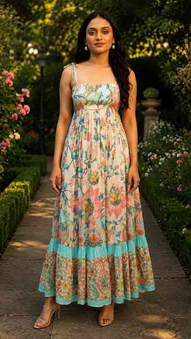 Pink Paprika by Sassafras Women’s Floral Strappy Tie-Up Maxi – Boho Fusion Resort Summer Cotton Casual Wear Dress
